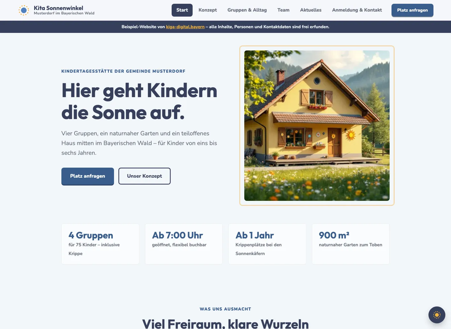 Startseite der Beispiel-Kita in der Gestaltung „Klar & modern“