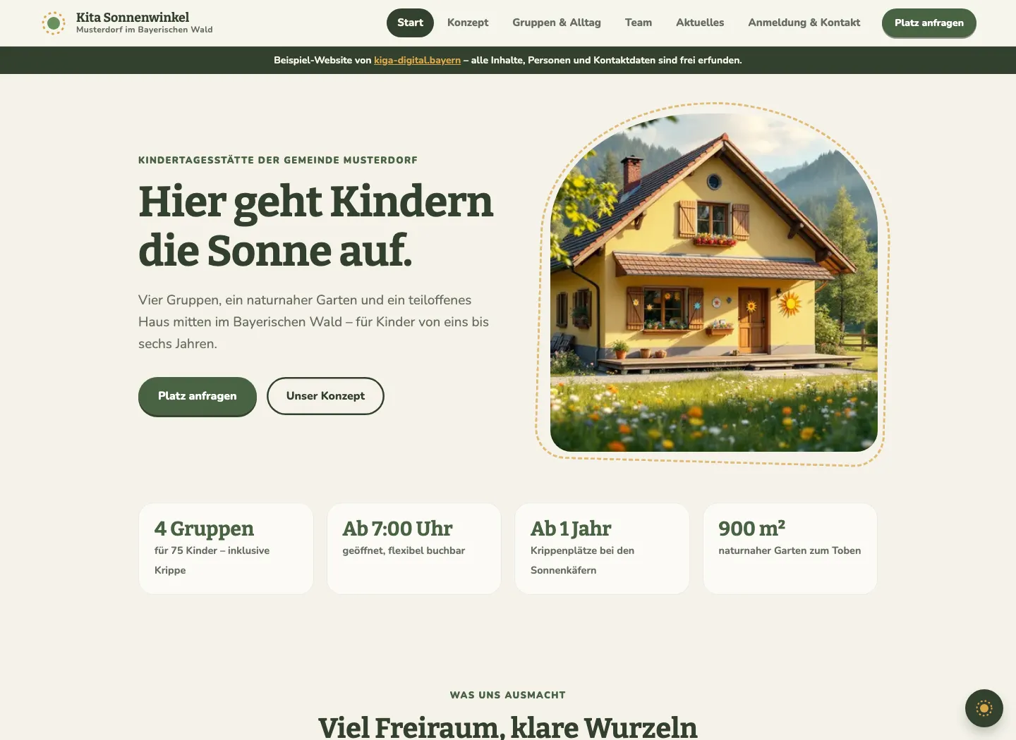 Startseite der Beispiel-Kita in der Gestaltung „Warm & klassisch“