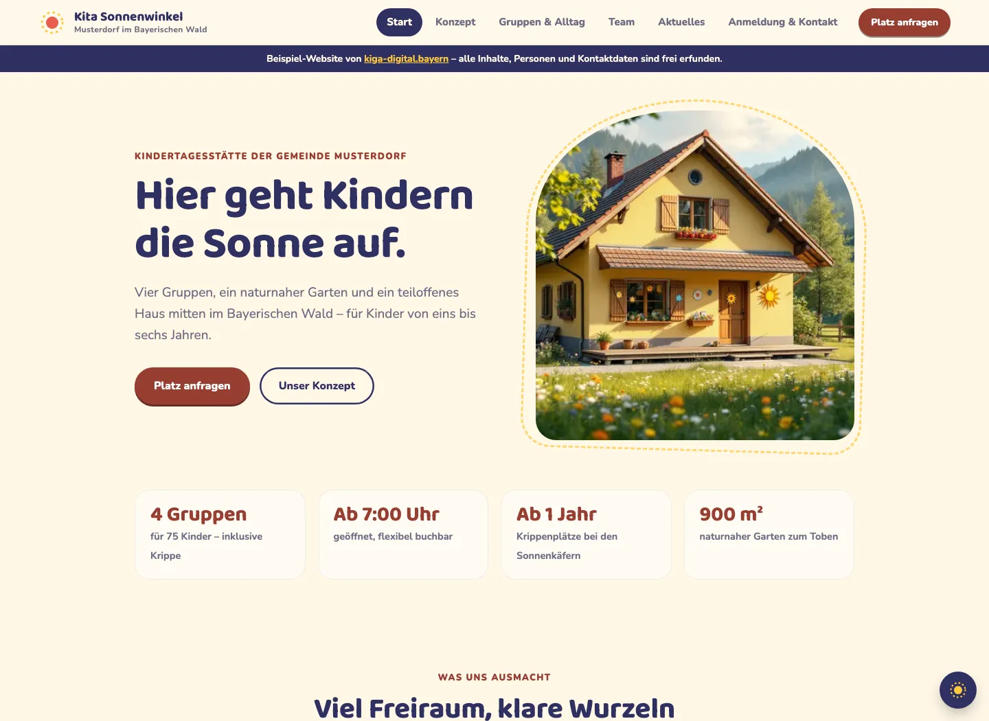Startseite der Beispiel-Kita in der Gestaltung „Bunt & verspielt“