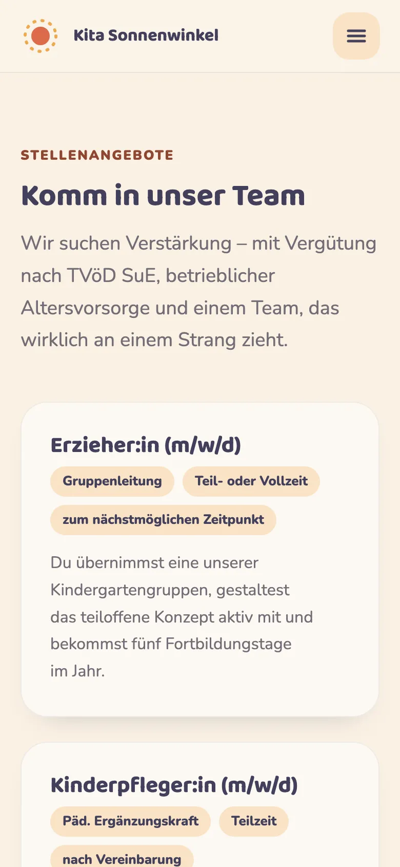 Team- und Stellenseite der Beispiel-Kita auf dem Smartphone
